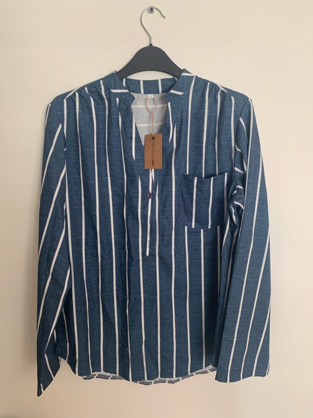 Striped Blue Popover Collarless Blouse